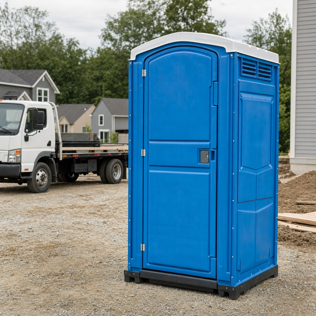 Delivery driver positioning a clean royal-blue portable toilet on level ground at a Gary worksite