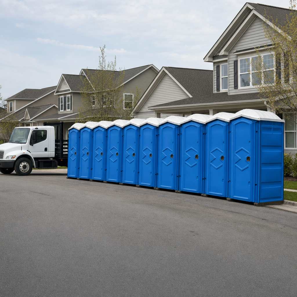 Royal blue portable toilets staged in a tidy row at a Gary jobsite, ready for delivery