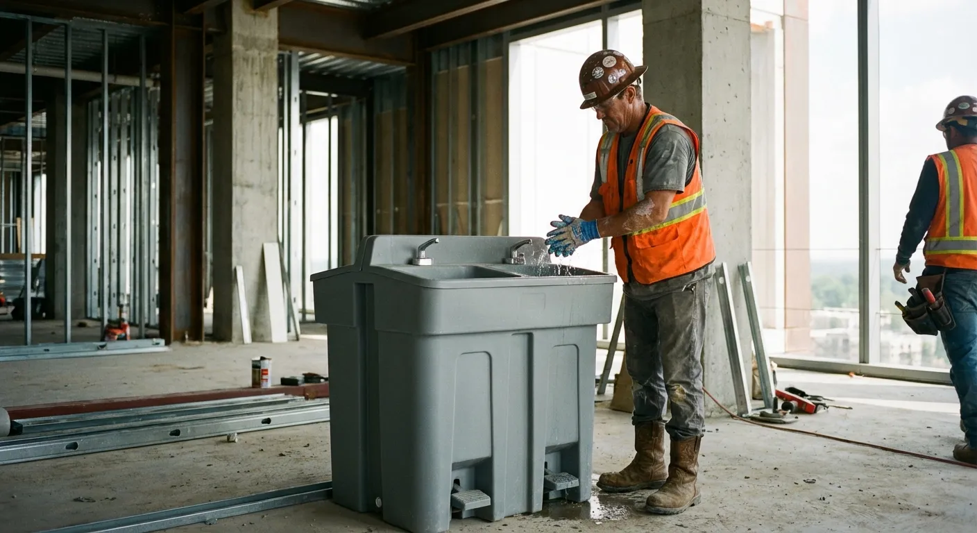 A dual-basin hand wash station positioned on a concrete floor of a high-rise construction site with the city skyline visible through open steel framing. in Gary, IN