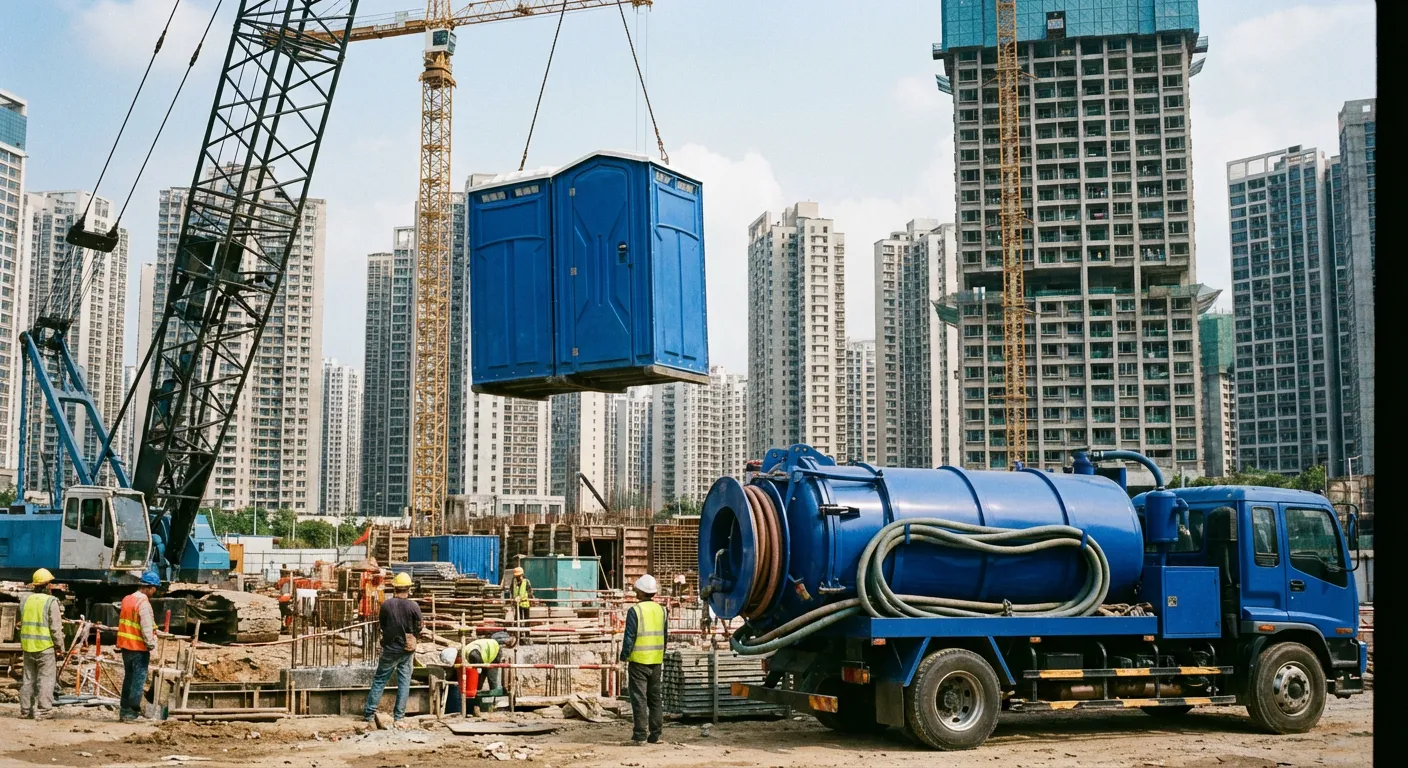A High-Rise Crane Liftable Toilet unit suspended in mid-air by a crane against a city skyline during the day, showcasing the steel sling attachment. in Gary, IN