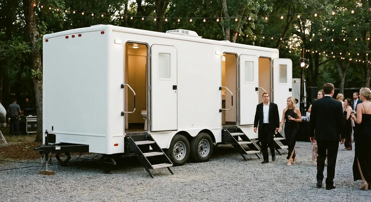 Exterior of a Luxury Restroom Trailer at an evening event, warm lighting spilling from the door, positioned discreetly near a manicured lawn. in Gary, IN