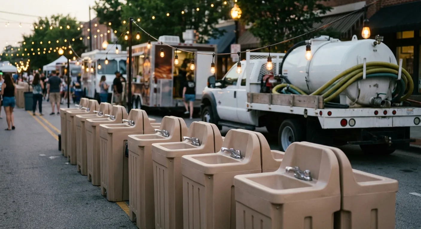 A row of clean, grey portable hand wash stations set up on pavement near food trucks, with blurred festival lights and crowd in the background. in Gary, IN