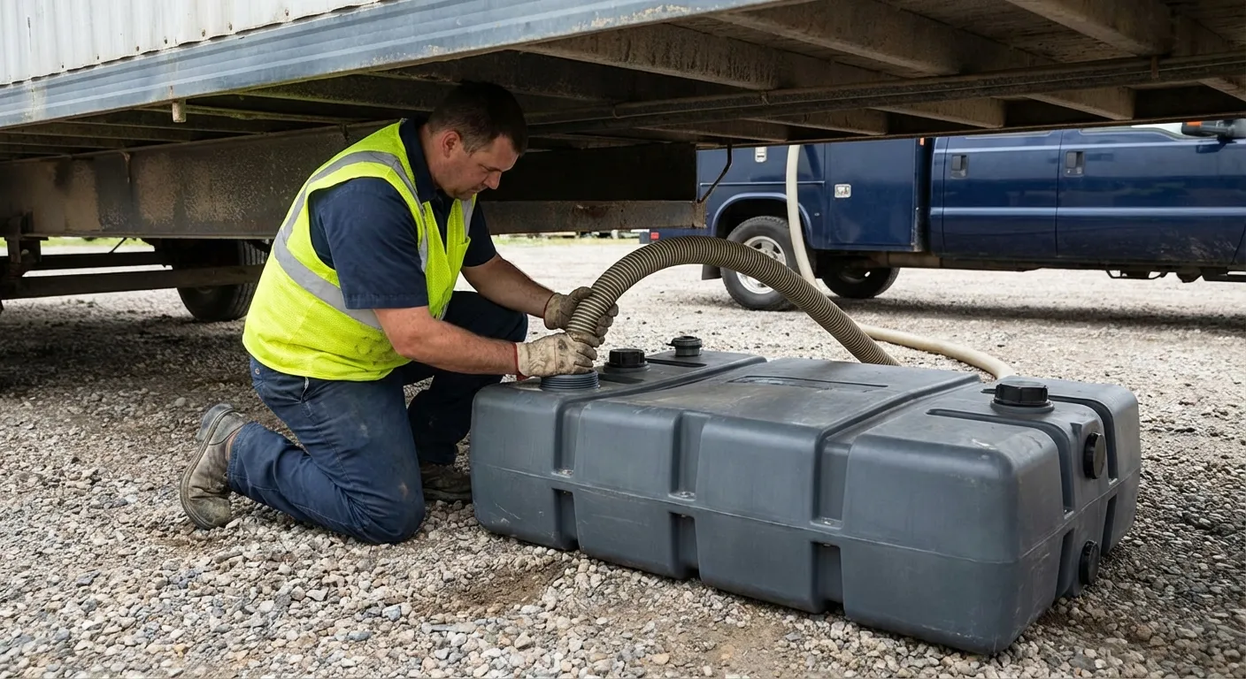 Steel City Sanitation vacuum truck servicing a waste holding tank at a construction site in Gary, IN