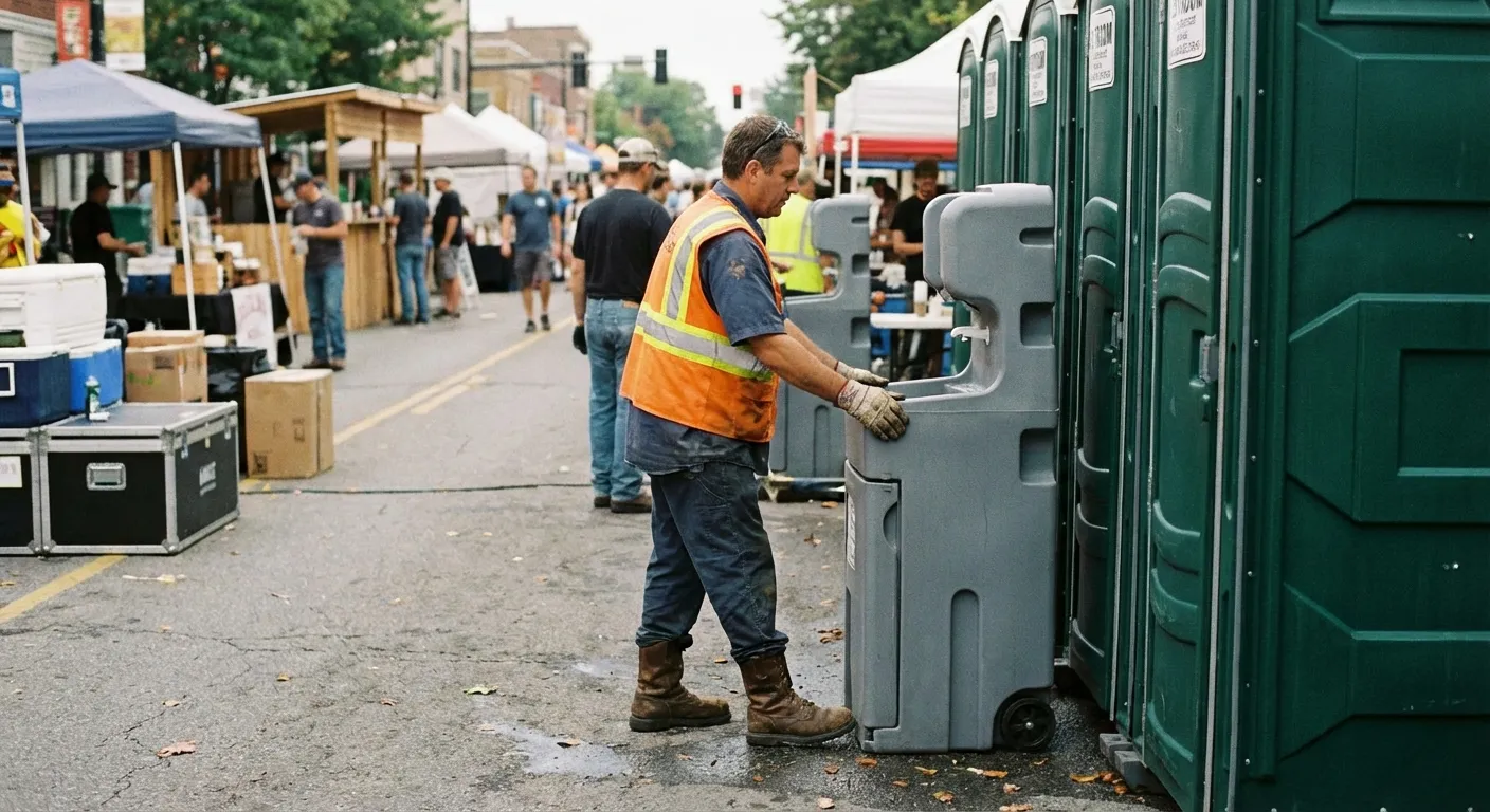 A row of pristine Special Event Portable Restrooms and hand wash stations lined up along a festival barrier with blurred crowds in the background. in Gary, IN