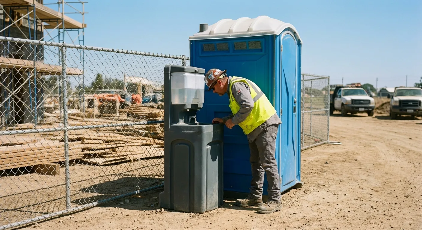 A close-up view of a portable hand wash station next to a portable toilet on a dirt construction site, focusing on the foot pump mechanism. in Gary, IN